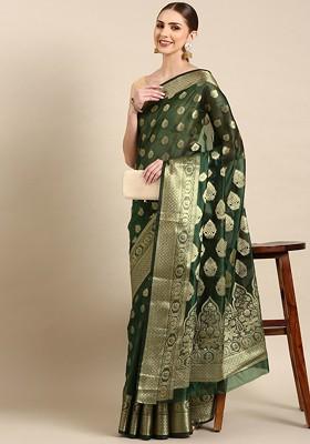Green Ethnic Motifs Embroidery Organza Saree Set