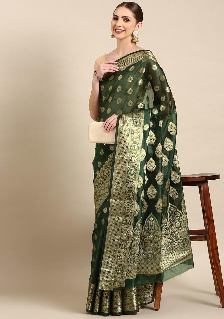 Green Ethnic Motifs Embroidery Organza Saree Set