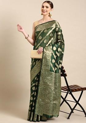 Green Ethnic Motifs Embroidery Organza Saree Set