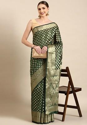 Green Zari Embroidered Organza Saree Set