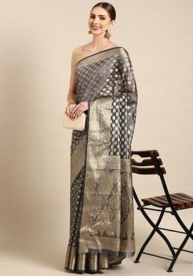Grey Zari Embroidered Organza Saree Set