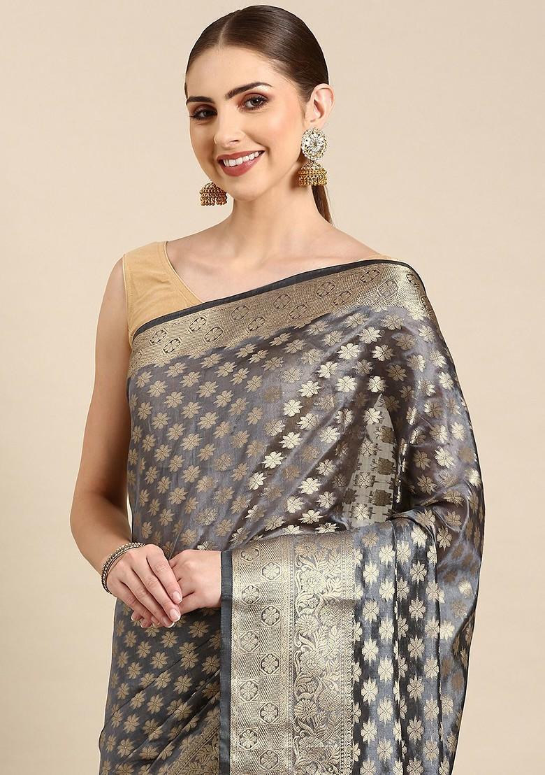 Grey Zari Embroidered Organza Saree Set
