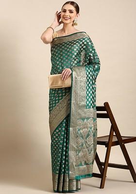 Teal Zari Embroidered Organza Saree Set