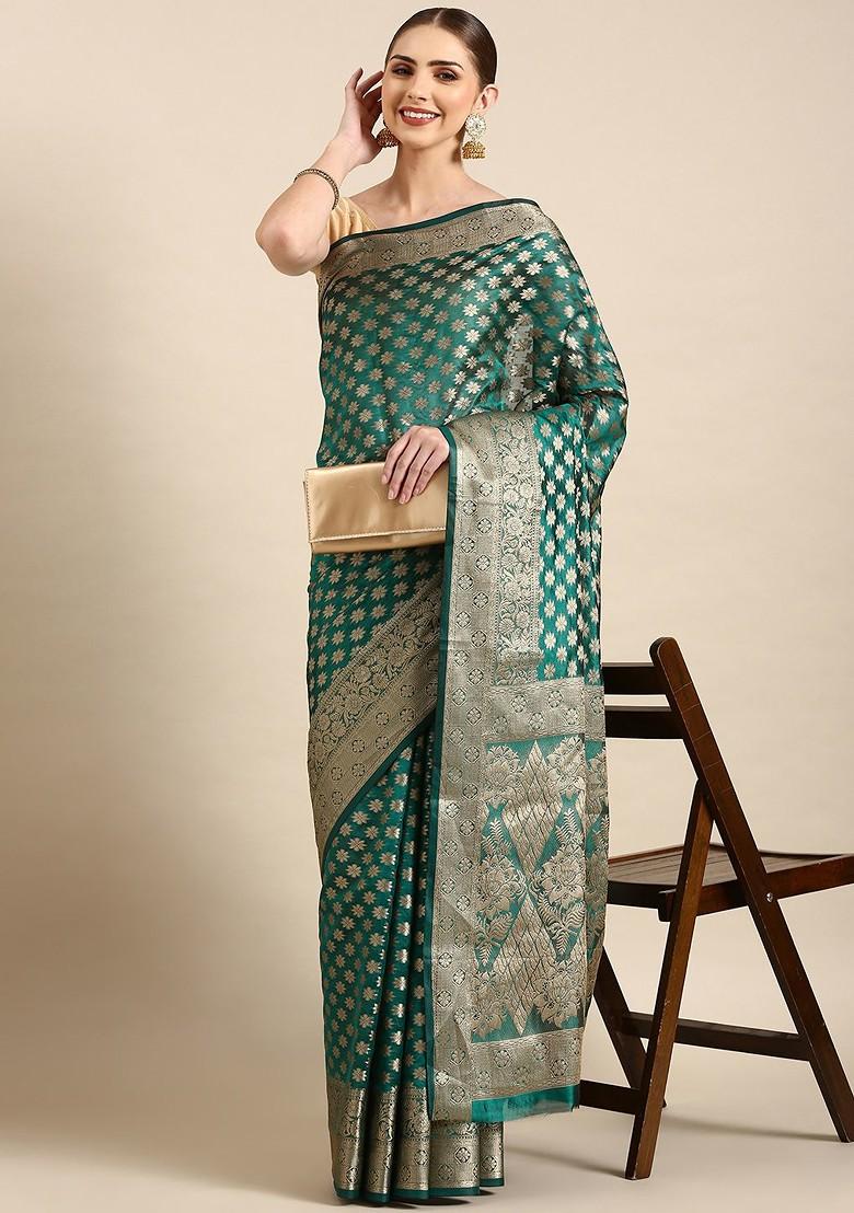 Teal Zari Embroidered Organza Saree Set