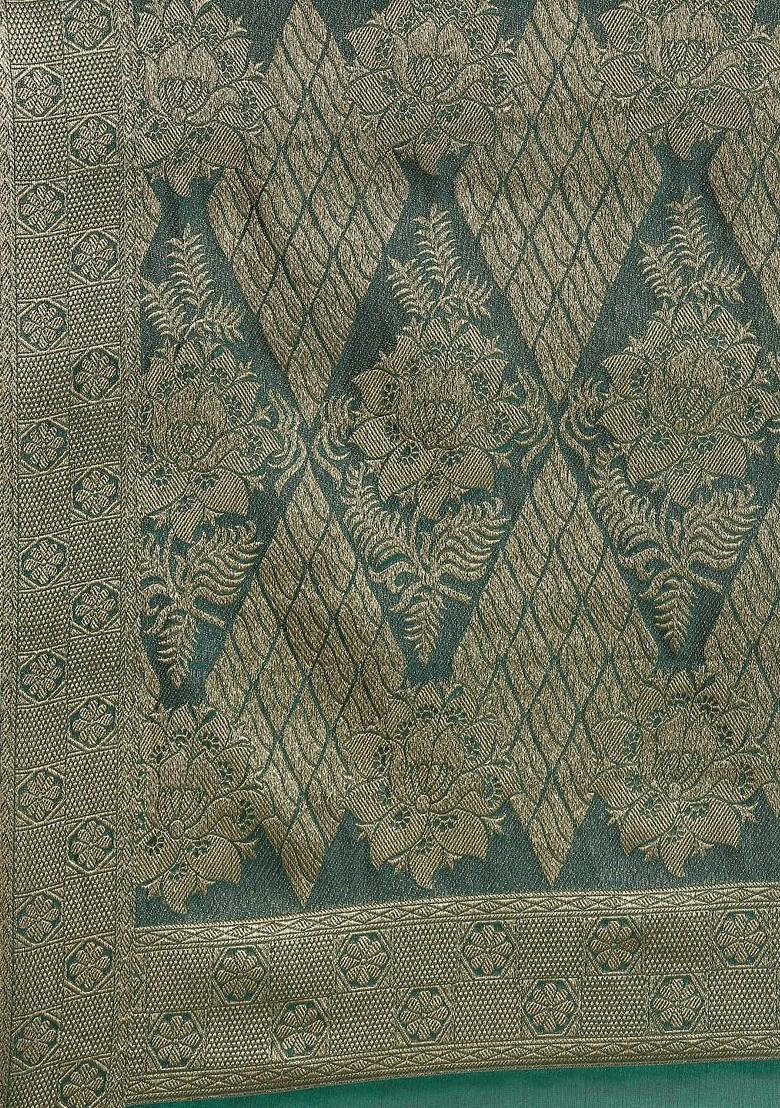 Teal Zari Embroidered Organza Saree Set