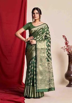 Green Zari Embroidered Banarasi Silk Saree Set