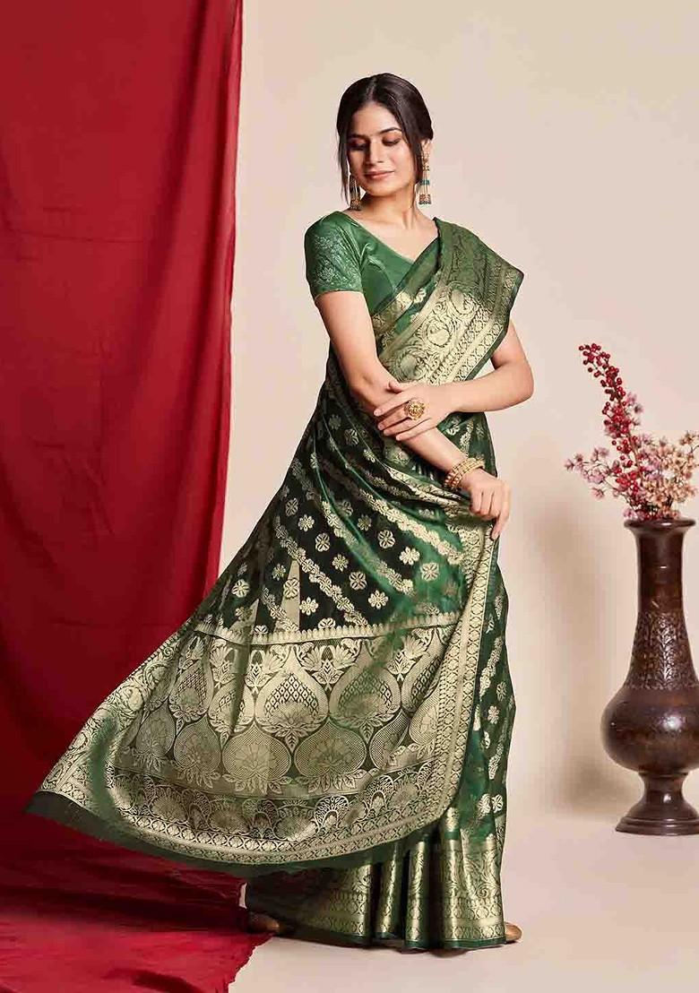 Green Zari Embroidered Banarasi Silk Saree Set