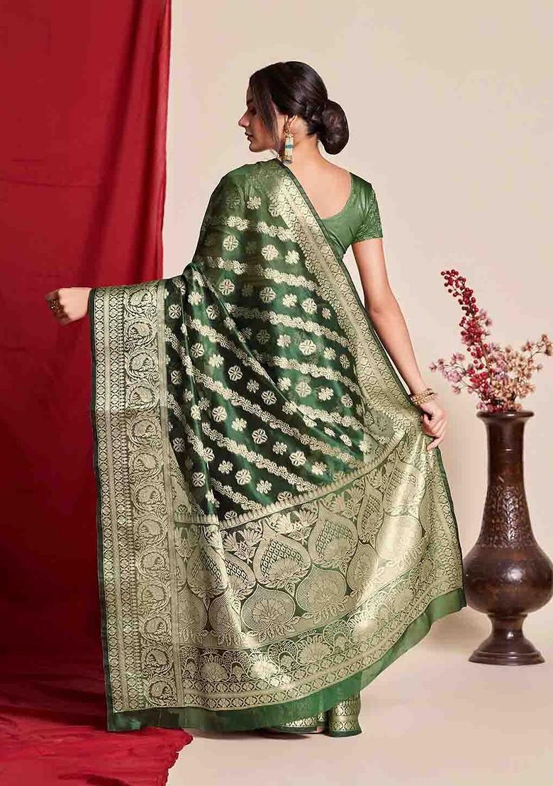 Green Zari Embroidered Banarasi Silk Saree Set