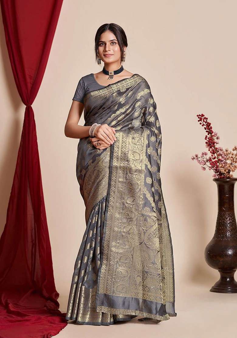 Grey Zari Banarasi Silk Saree Set with Embroidered for Diwali | Wedding & Festive Wear - Indya