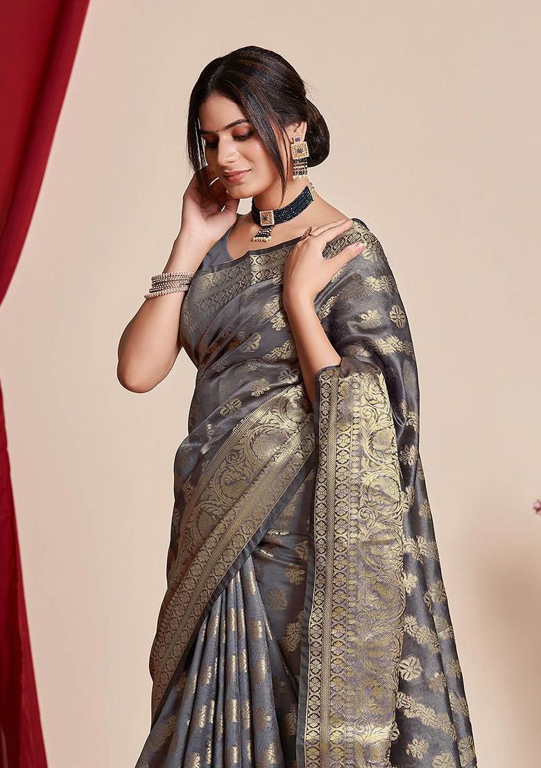 Grey Zari Embroidered Banarasi Silk Saree Set