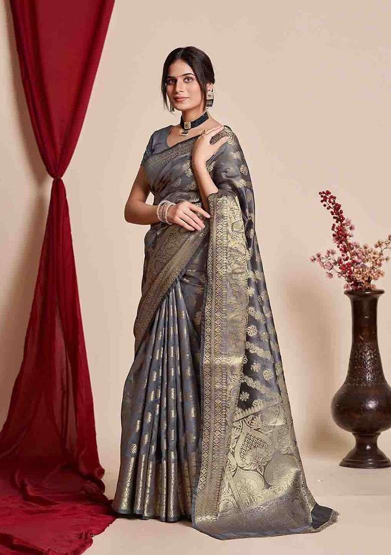 Grey Zari Banarasi Silk Saree Set with Embroidered for Diwali | Wedding & Festive Wear - Indya