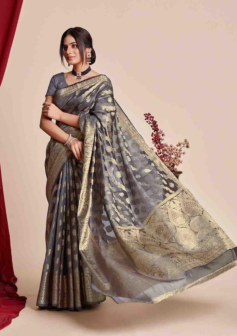 Grey Zari Embroidered Banarasi Silk Saree Set