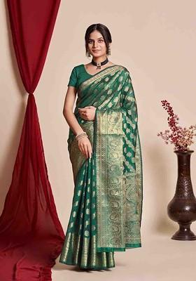 Green Zari Embroidered Poly Blend Saree Set