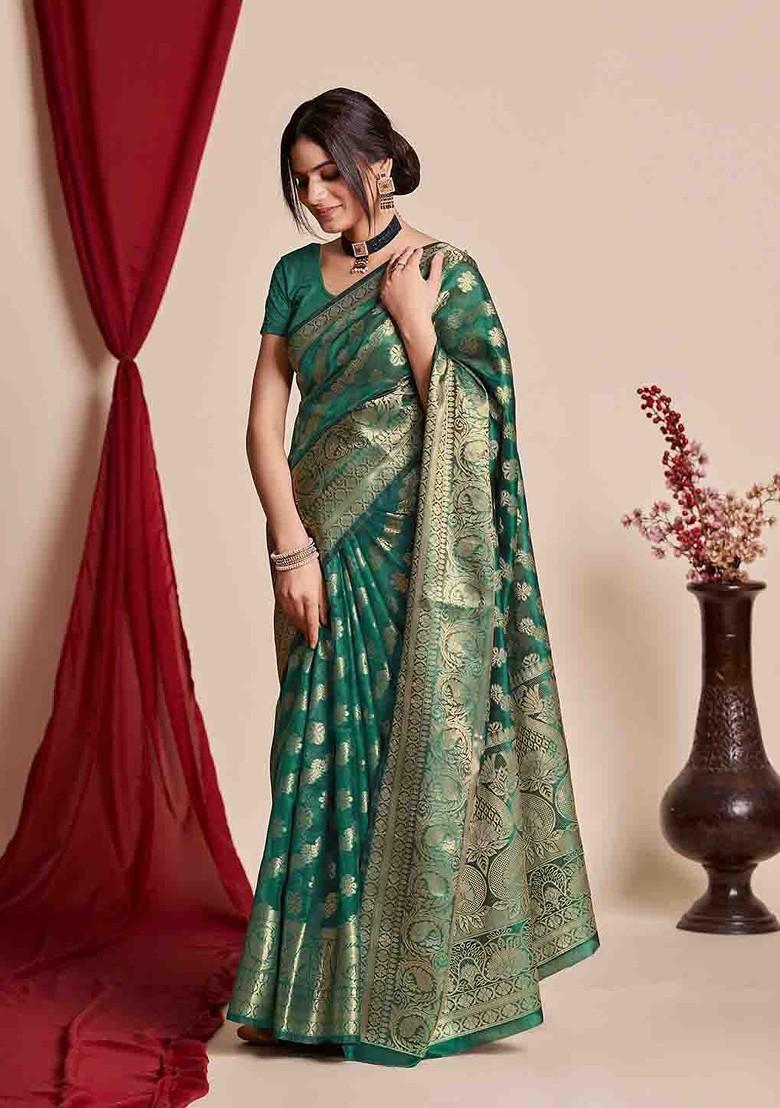Green Zari Embroidered Poly Blend Saree Set