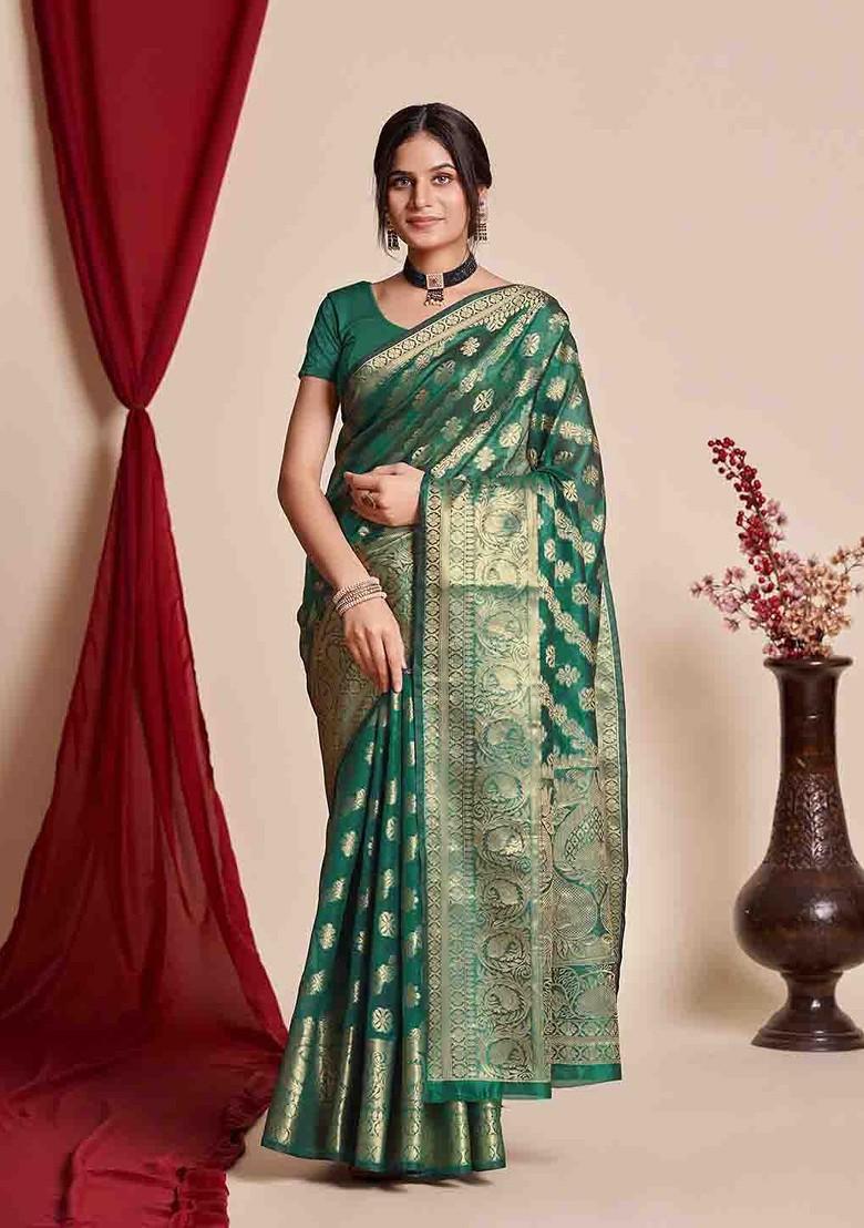 Green Zari Embroidered Poly Blend Saree Set