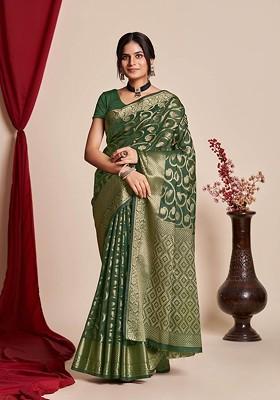 Green Zari Embroidered Organza Saree Set