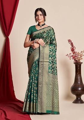 Green Zari Embroidered Organza Saree Set