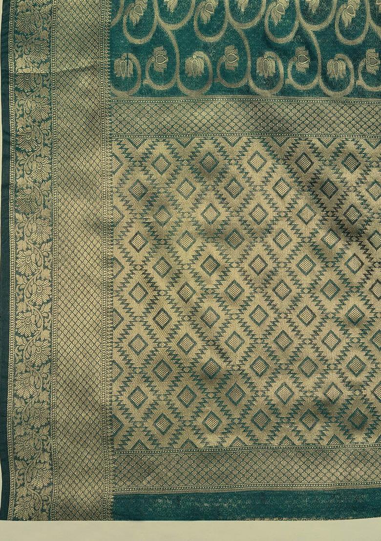 Green Zari Embroidered Organza Saree Set