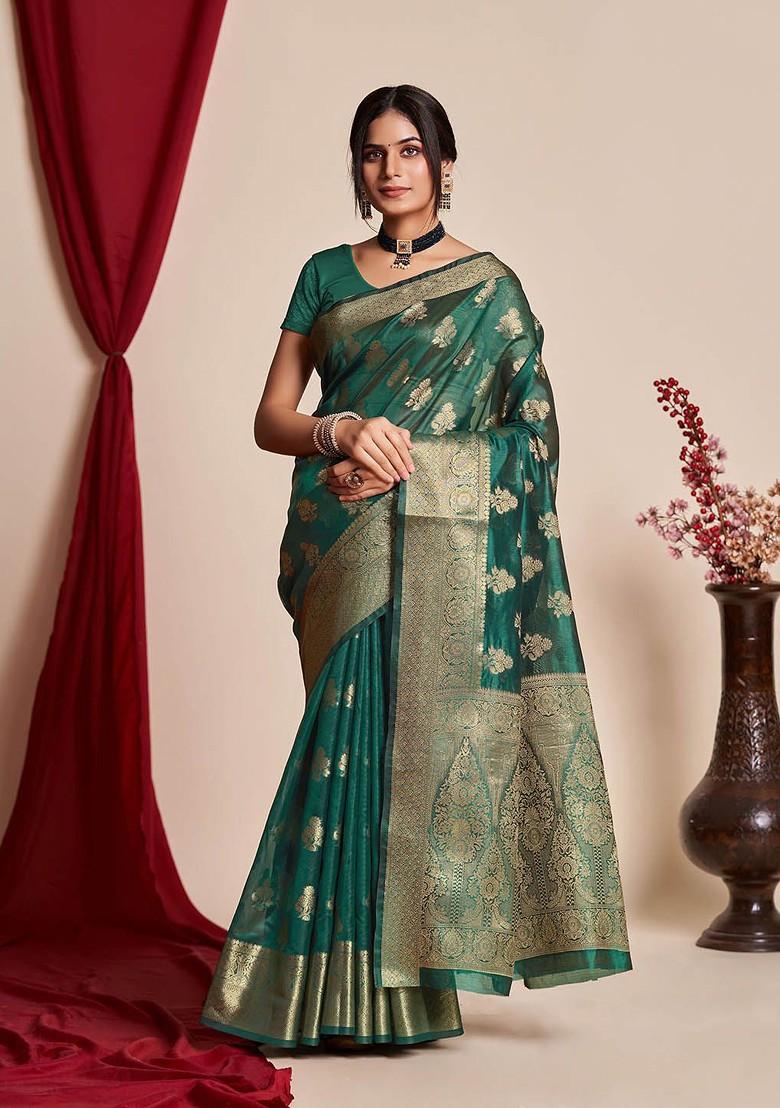 Green Ethnic Motifs Embroidery Organza Saree Set