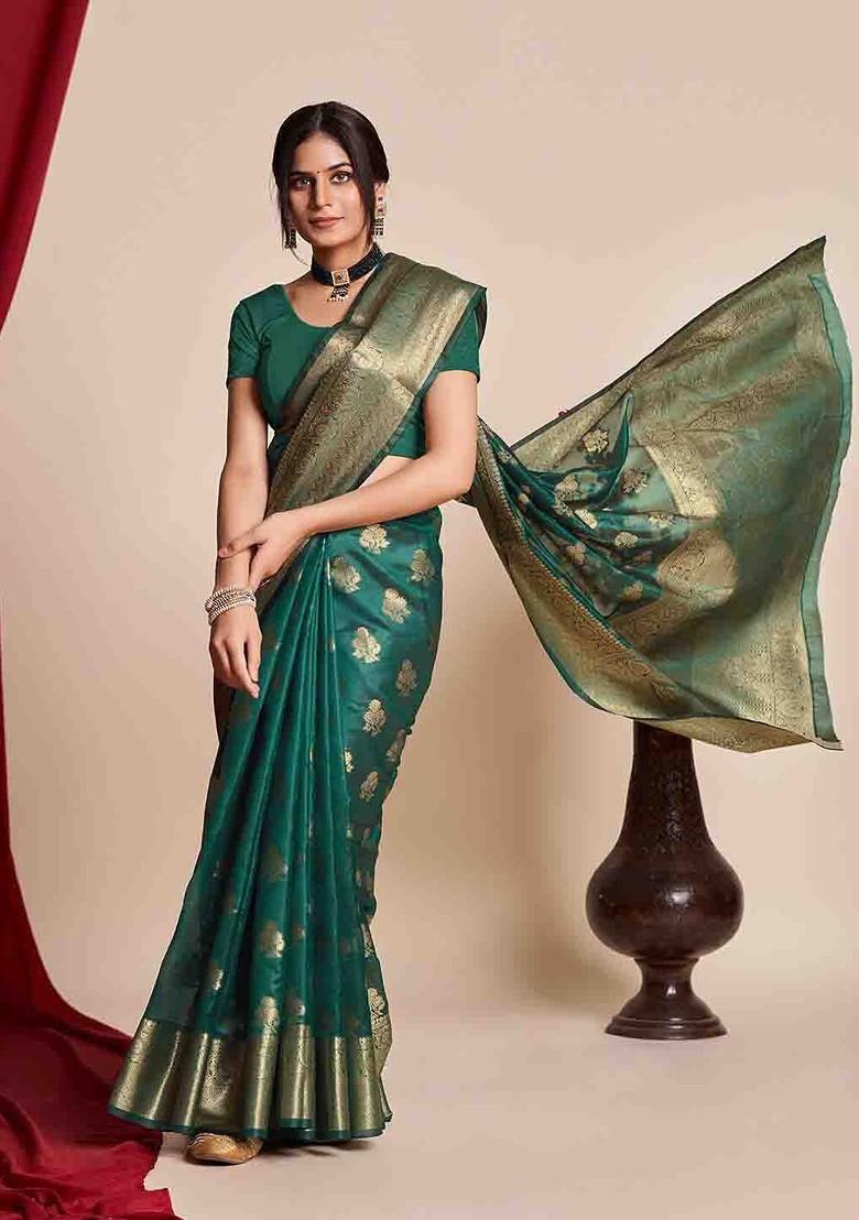 Green Ethnic Motifs Embroidery Organza Saree Set