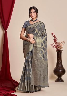 Grey Zari Embroidered Organza Saree Set