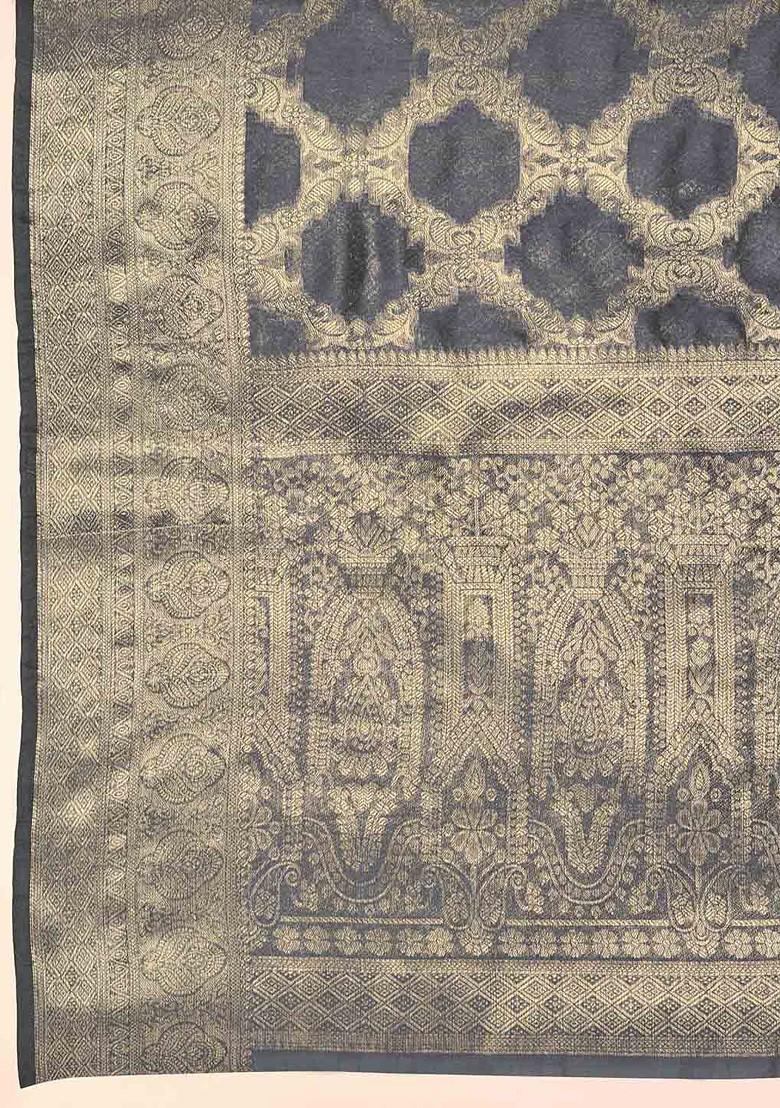 Grey Zari Embroidered Organza Saree Set