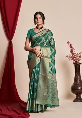 Green Zari Embroidered Organza Saree Set