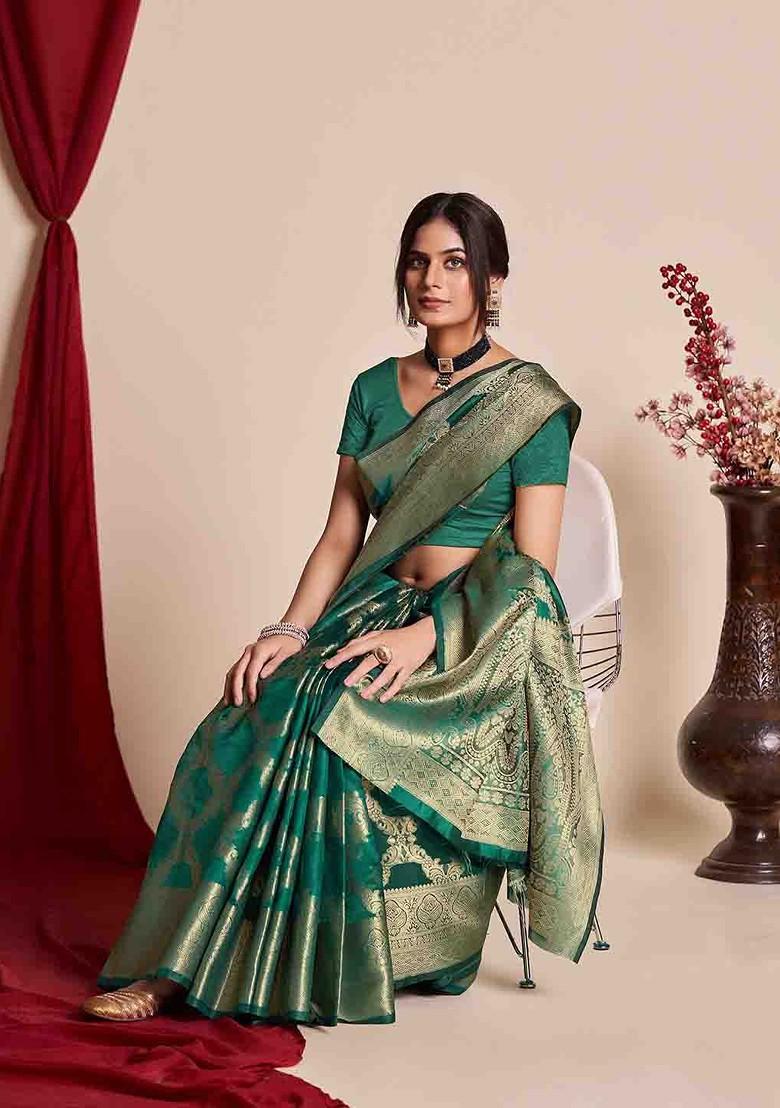 Green Zari Embroidered Organza Saree Set
