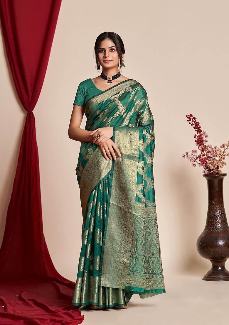 Green Zari Embroidered Organza Saree Set