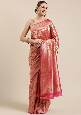 Pink Zari Embroidered Poly Blend Saree Set