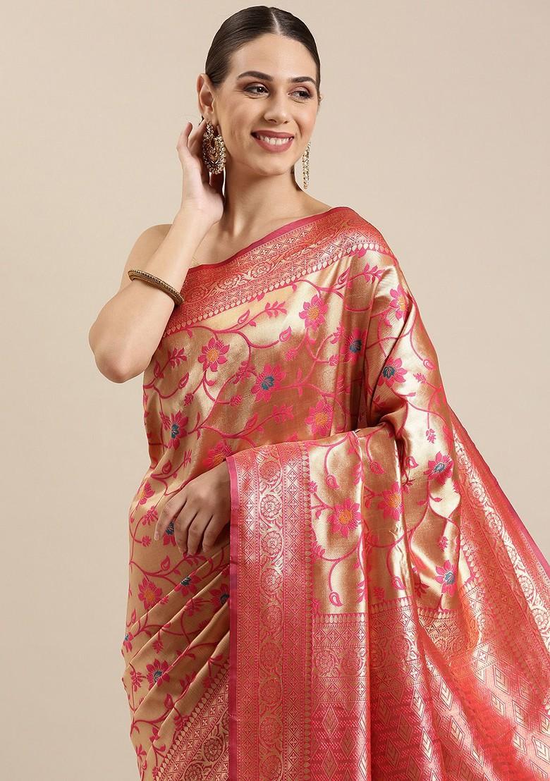 Pink Zari Embroidered Poly Blend Saree Set