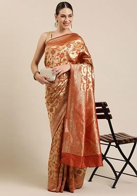 Red Zari Embroidered Poly Blend Saree Set