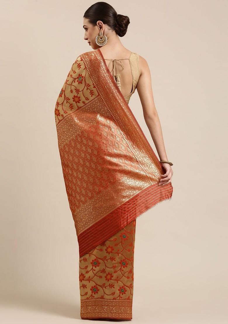 Red Zari Embroidered Poly Blend Saree Set