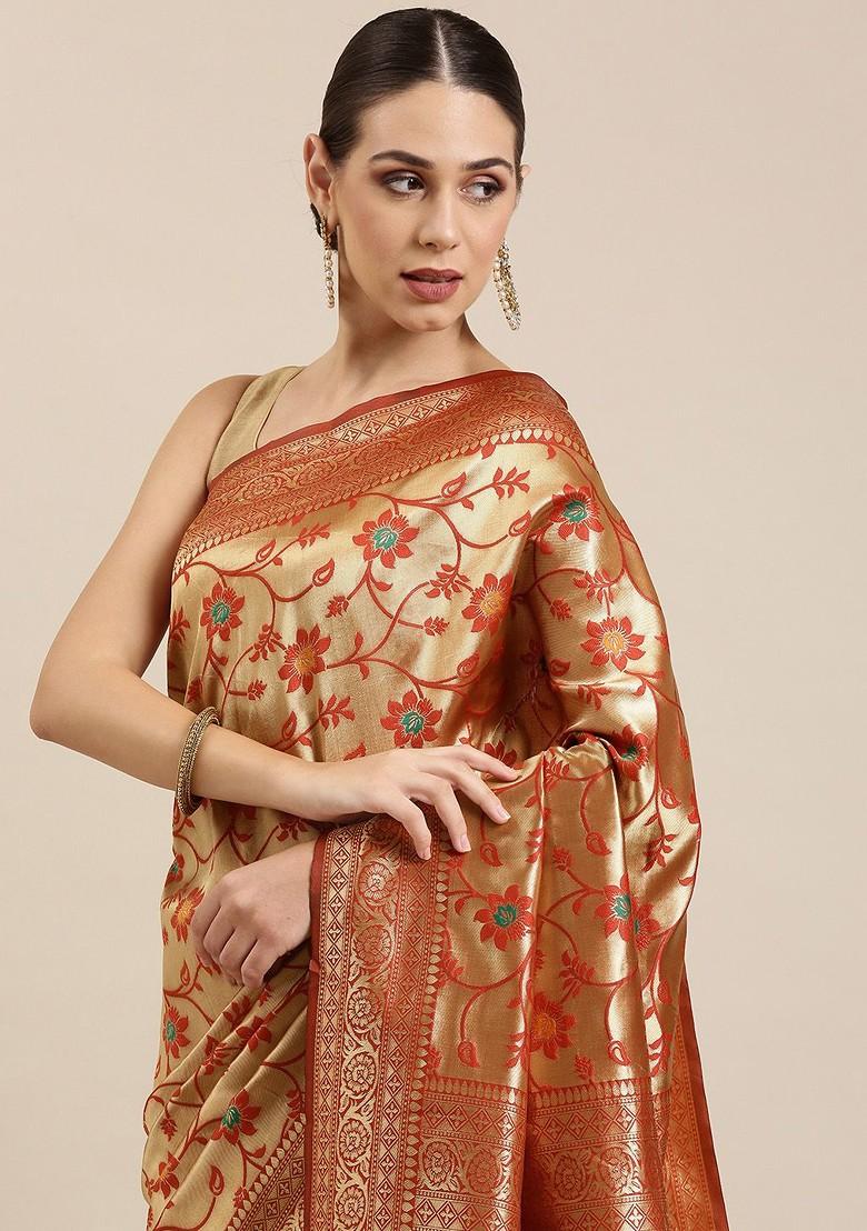 Red Zari Embroidered Poly Blend Saree Set