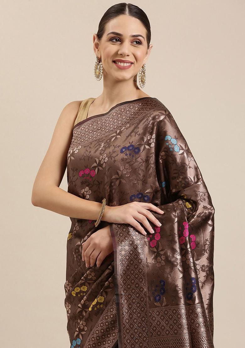 Brown Zari Embroidered Poly Blend Saree Set