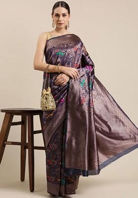 Navy Blue Zari Embroidered Poly Blend Saree Set