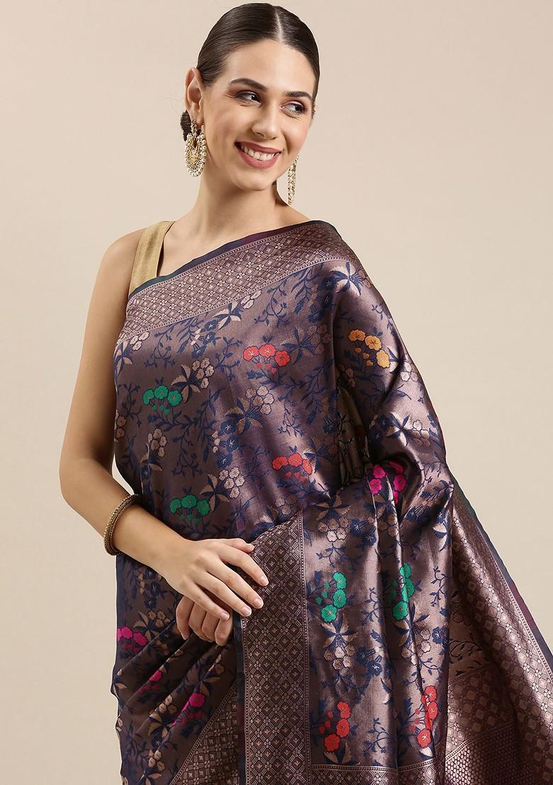 Navy Blue Zari Embroidered Poly Blend Saree Set