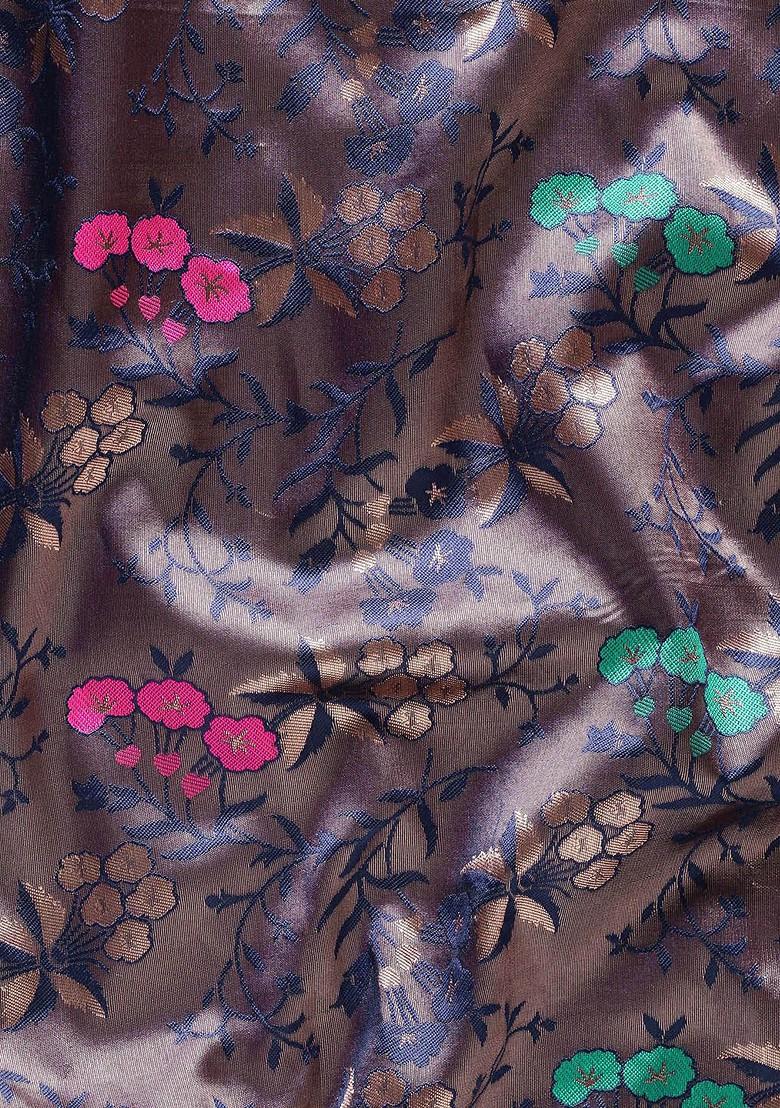 Navy Blue Zari Embroidered Poly Blend Saree Set