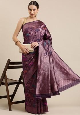 Purple Zari Embroidered Poly Blend Saree Set