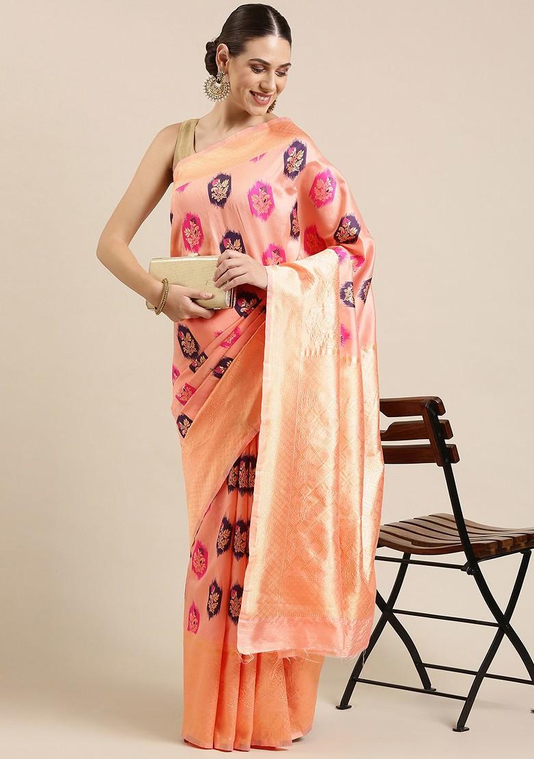 Peach Ethnic Motifs Embroidery Poly Blend Saree Set