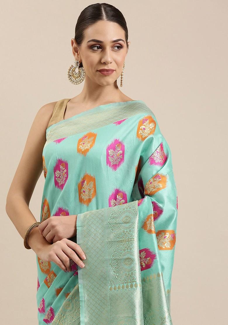 Blue Ethnic Motifs Embroidery Poly Blend Saree Set