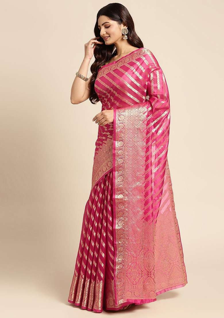 Pink Zari Embroidered Organza Saree Set for Diwali and Festive Wear - Indya