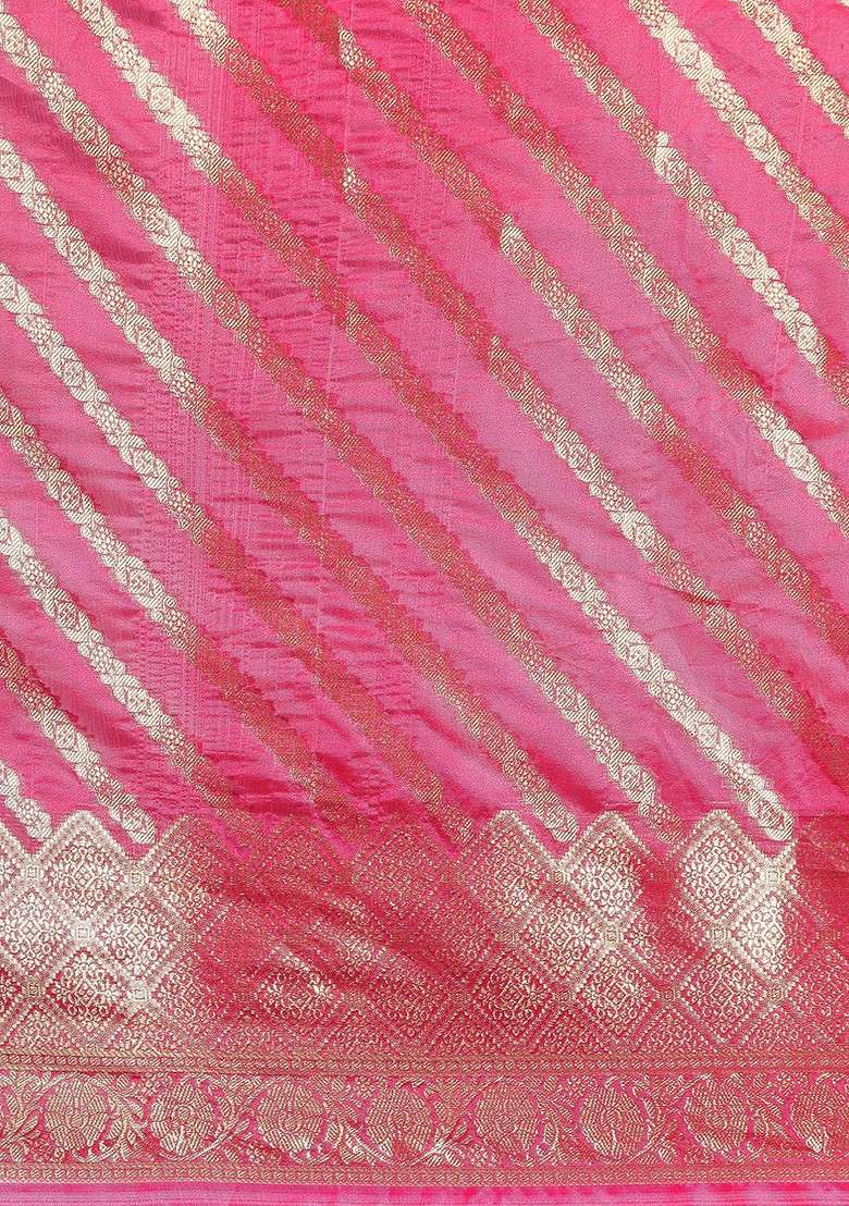 Pink Zari Embroidered Organza Saree Set for Diwali and Festive Wear - Indya