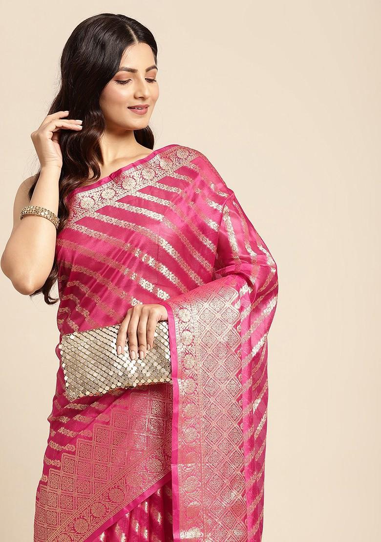 Pink Zari Embroidered Organza Saree Set