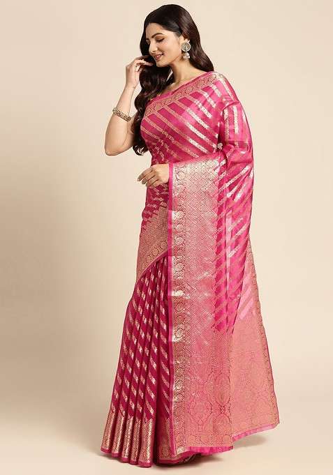 Pink Zari Embroidered Organza Saree Set for Diwali and Festive Wear