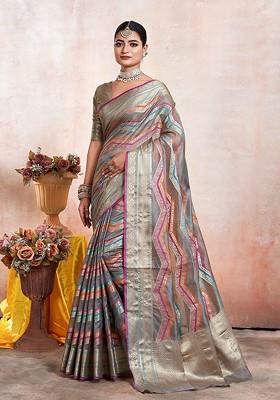 Grey Zari Embroidered Poly Blend Saree Set