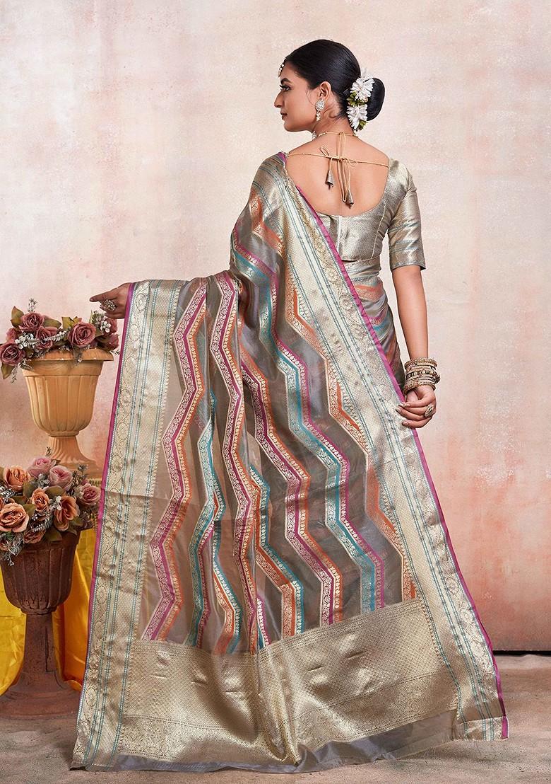 Grey Zari Embroidered Poly Blend Saree Set