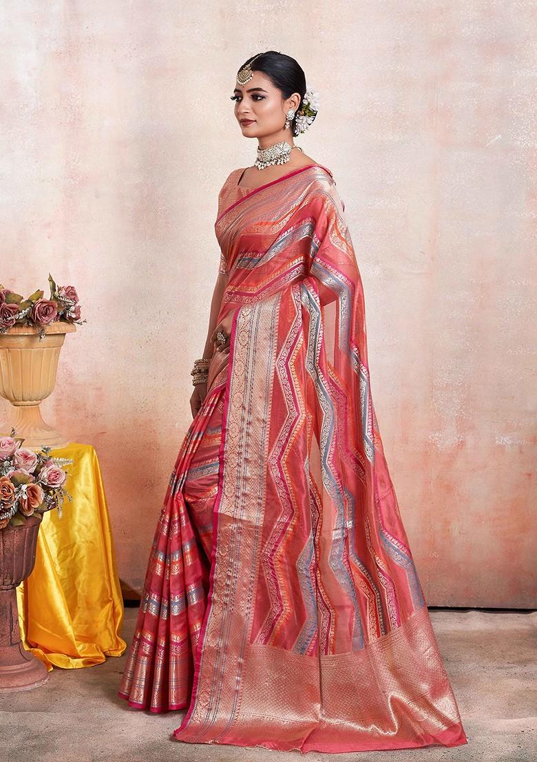 Pink Zari Embroidered Organza Saree Set