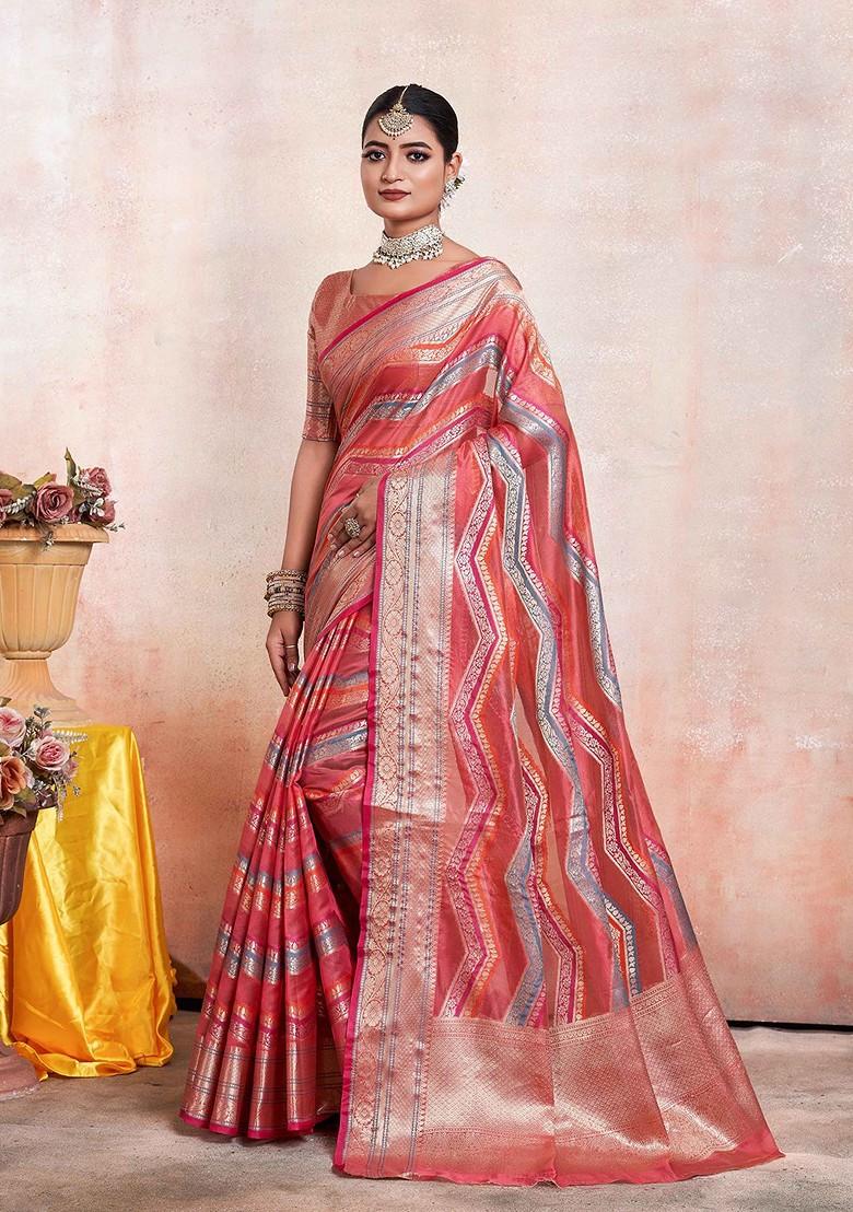 Pink Zari Embroidered Organza Saree Set