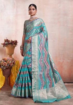 Blue Zari Embroidered Organza Saree Set